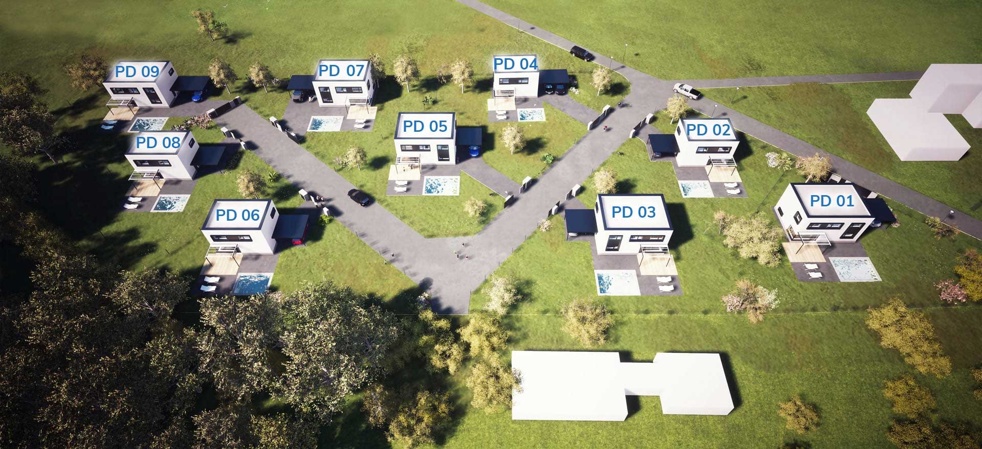 Plán lokality Bydlení Těrlicko s číslováním devíti pasivních domů